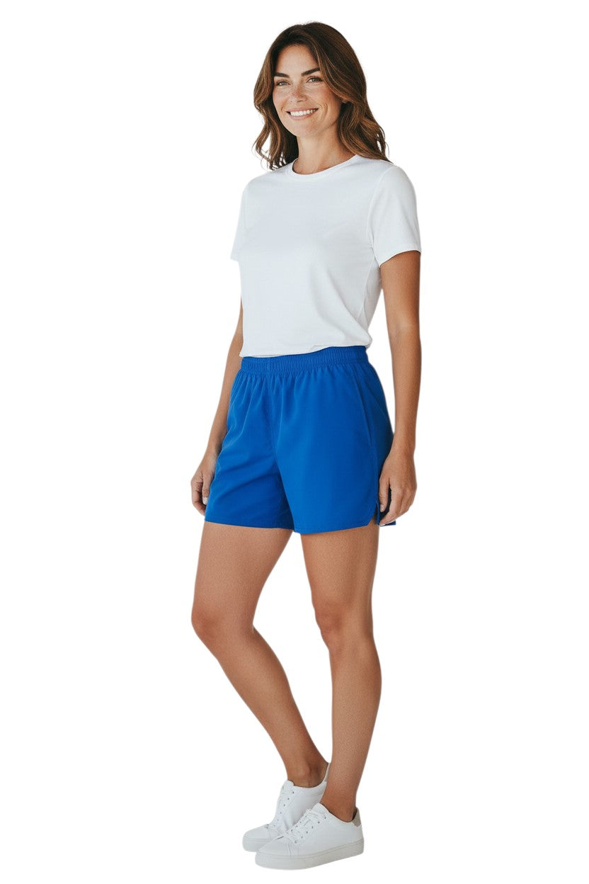 Kiefer 4-Way Unisex Deck Short Solid in blue, shown on model