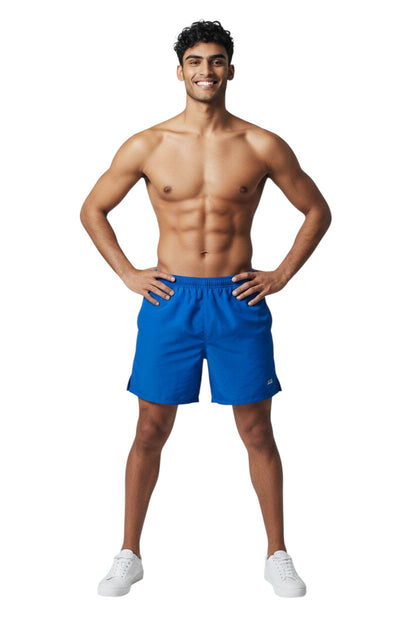 Kiefer 4-Way Unisex Deck Short Solid in blue, shown on model