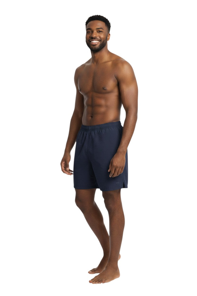 Kiefer 4-Way Unisex Deck Short Solid in navy blue, shown on model