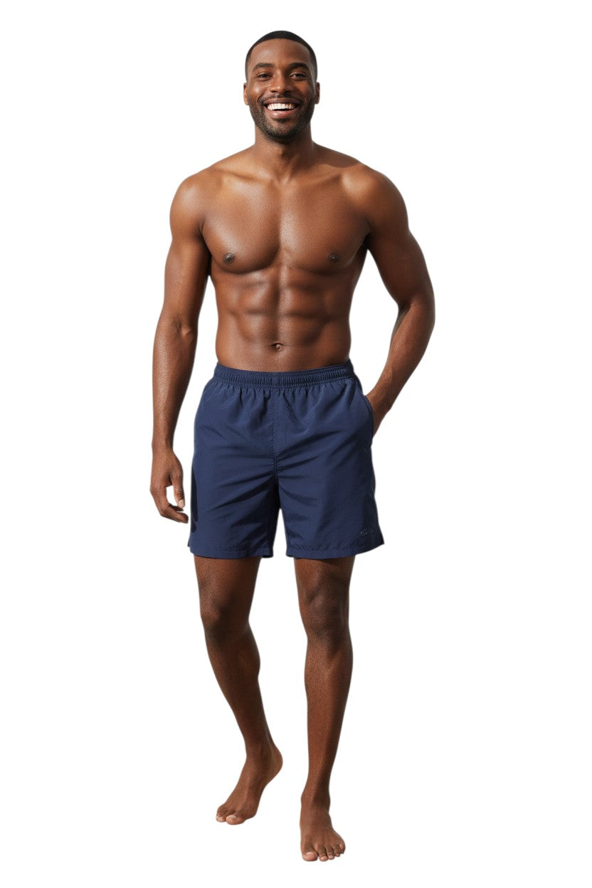 Kiefer 4-Way Unisex Deck Short Solid in navy blue, shown on model