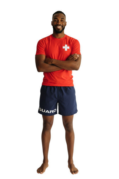 Kiefer 4-Way Stretch Unisex Lifeguard Deck Short in navy, shown on model