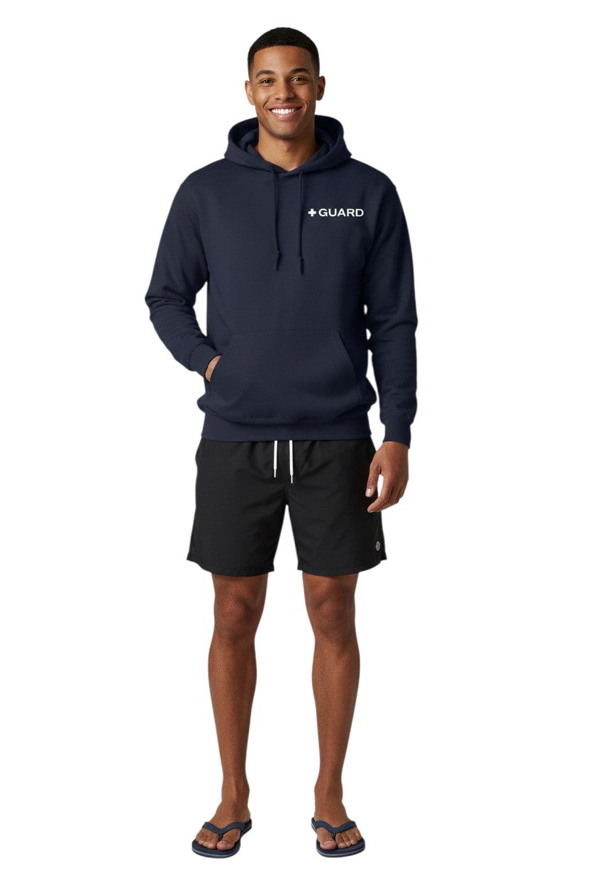 Kiefer Guard Hooded Sweatshirt in navy blue, shown on model