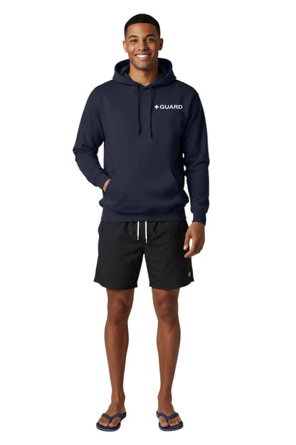 Kiefer Guard Hooded Sweatshirt in navy blue, shown on model