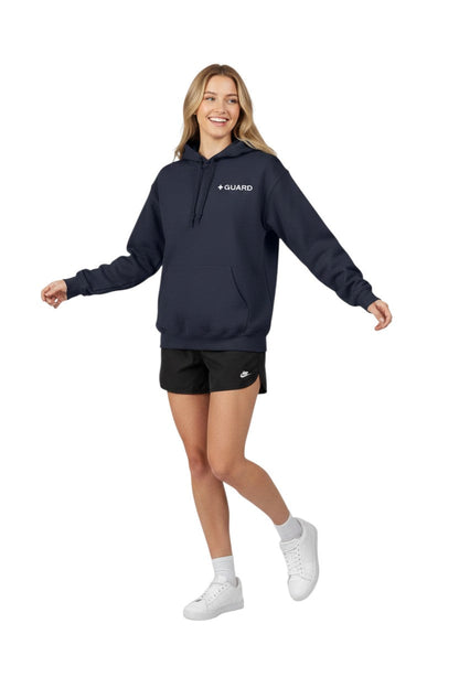 Kiefer Guard Hooded Sweatshirt in navy blue, shown on model
