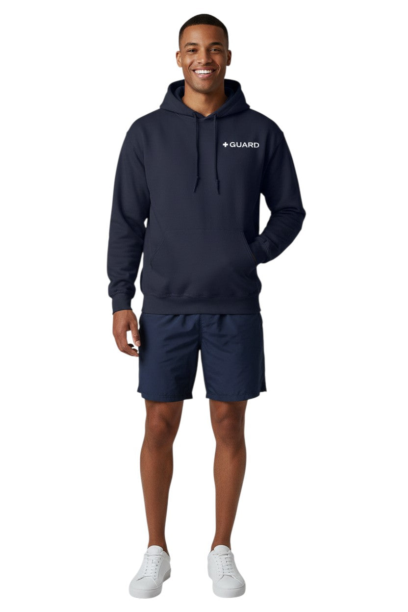 Kiefer Guard Hooded Sweatshirt in navy blue, shown on model