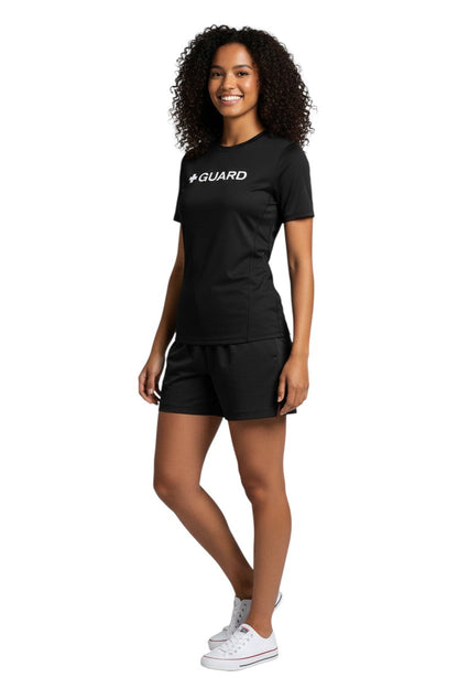 Kiefer Guard Short Sleeve Crewneck Rashguard in black, shown on model