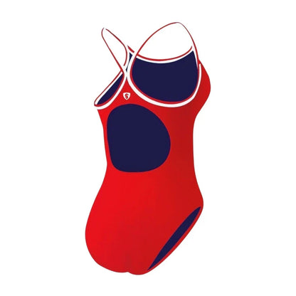 Kiefer Guard Tri Color H-Back one-piece swimsuit, on-body view.