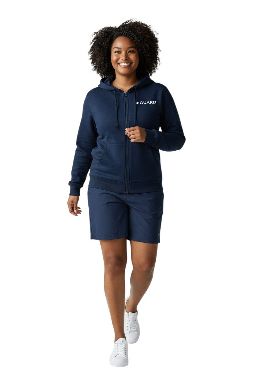 Kiefer Guard Zip Hoodie in navy blue. Features a full zip front, double-lined hood, and GUARD logo on chest. 50% Cotton/50% Polyester.