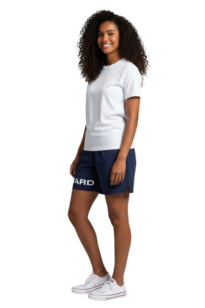 Kiefer 4-Way Stretch Unisex Lifeguard Deck Short in navy, shown on model