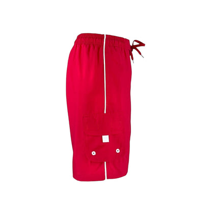 Kiefer Men's Solid Red Polyester Board Shorts with elastic waistband, drawstring, and cargo pocket. 7" inseam.
