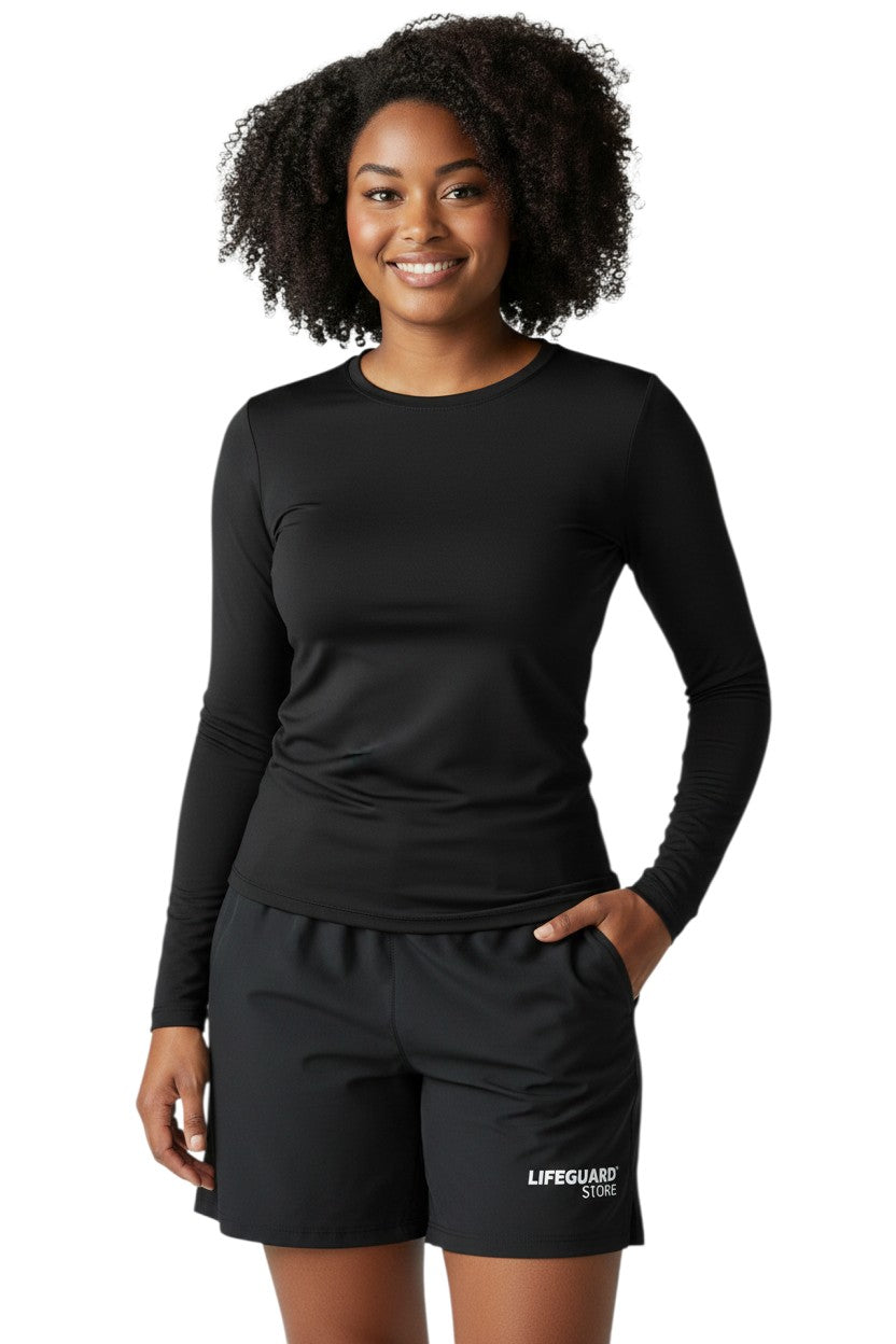 Kiefer Solid Long Sleeve Crewneck Rashguard in black, shown on model