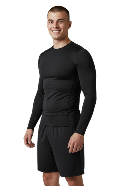 Kiefer Solid Long Sleeve Crewneck Rashguard in black, shown on model