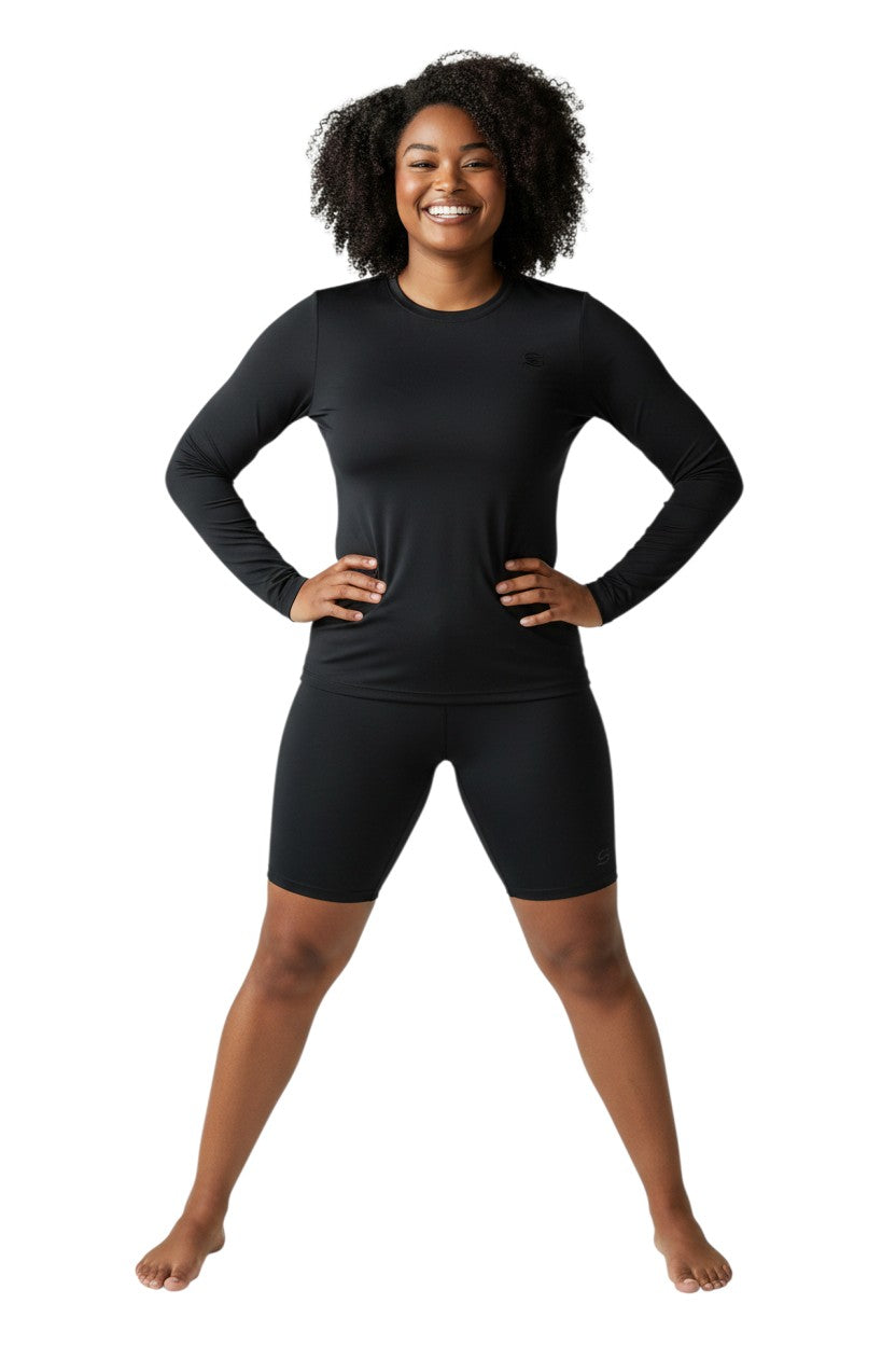 Kiefer Solid Long Sleeve Crewneck Rashguard in black, shown on model