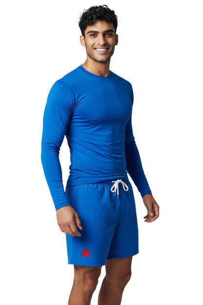 Kiefer Solid Long Sleeve Crewneck Rashguard in blue, shown on model