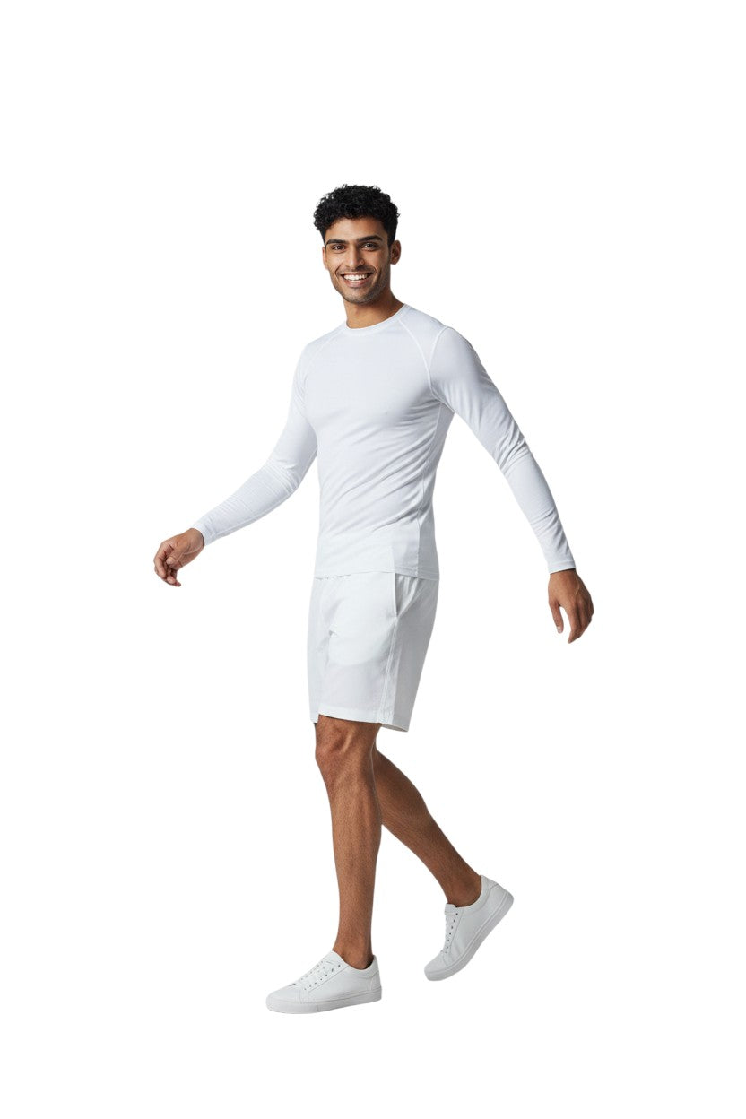 Kiefer Solid Long Sleeve Crewneck Rashguard in white, shown on model