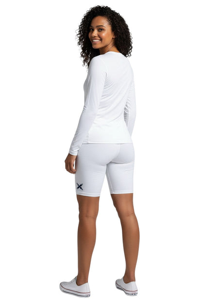 Kiefer Solid Long Sleeve Crewneck Rashguard in white, shown on model