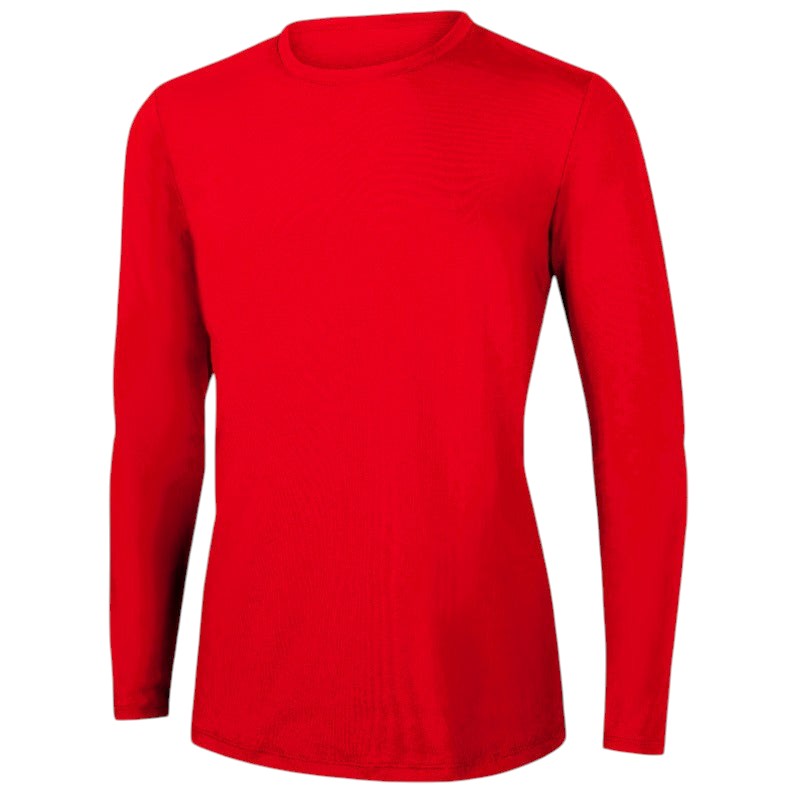 Kiefer Unisex solid red long sleeve crewneck rashguard made of poly-spandex with UPF50+ protection.