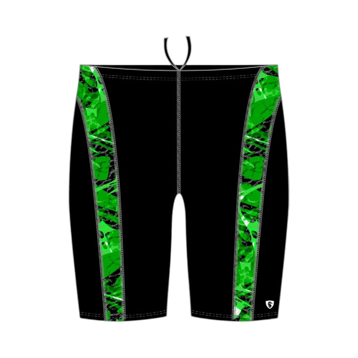 Kiefer Sandies Wave Daze Jammer in black with green marble side panels. Polyester/Spandex blend.