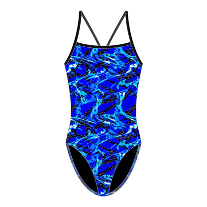 Kiefer Sandies Wave Daze One Piece swimsuit in blue with abstract black and white pattern. H-back style.