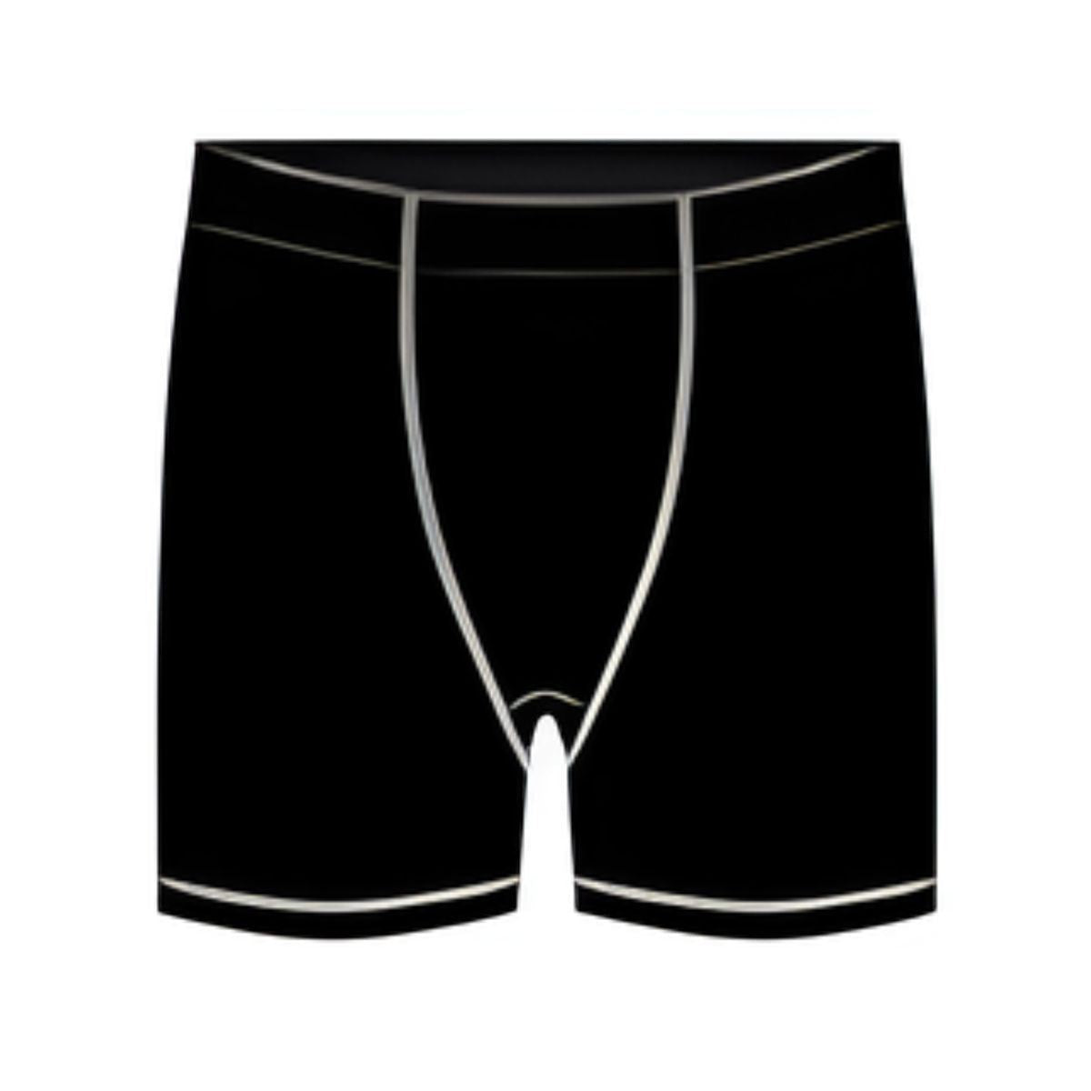 Kiefer Short Liner black polyester-spandex boxer briefs with silver trim.