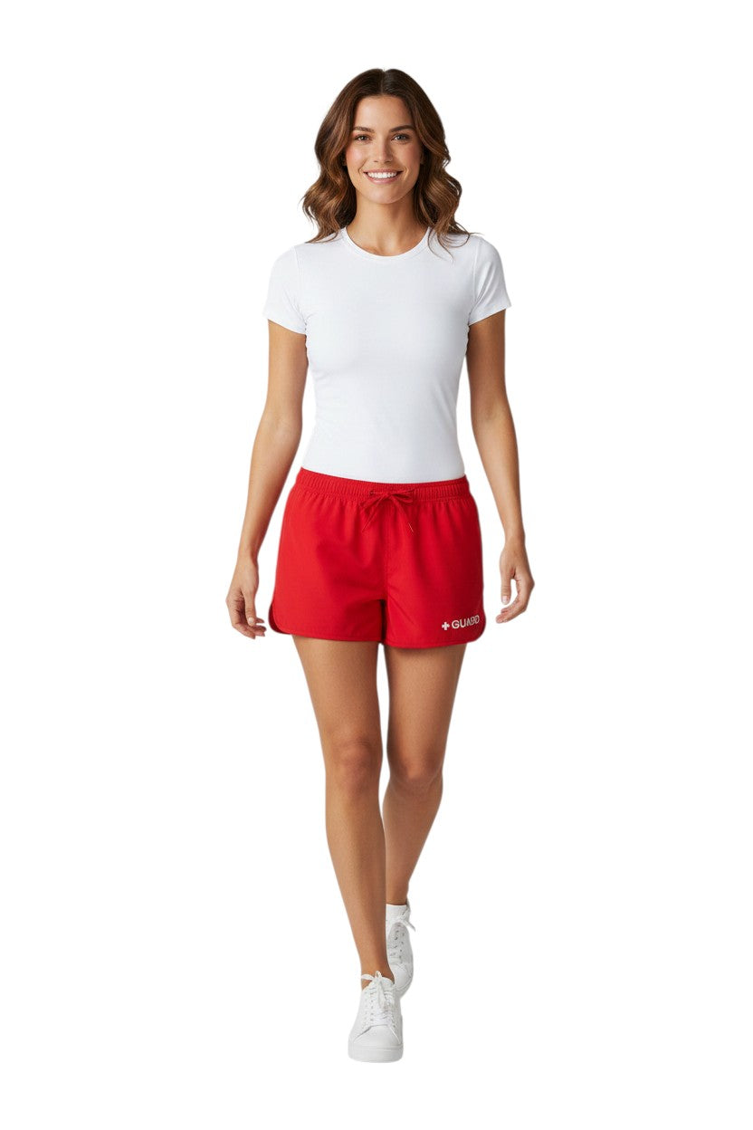Kiefer Women's Guard 5 inch Short in red, shown on model