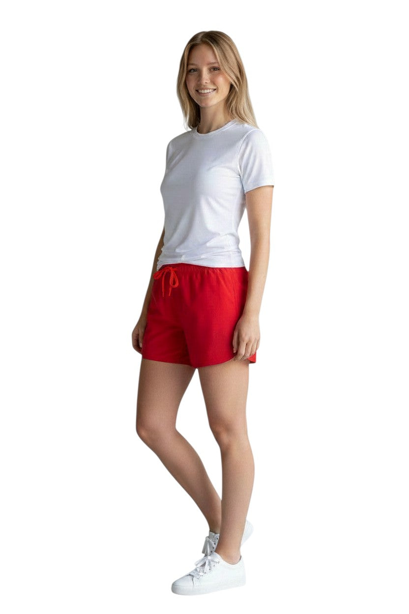 Kiefer Women's 5 inch Short in red, shown on model