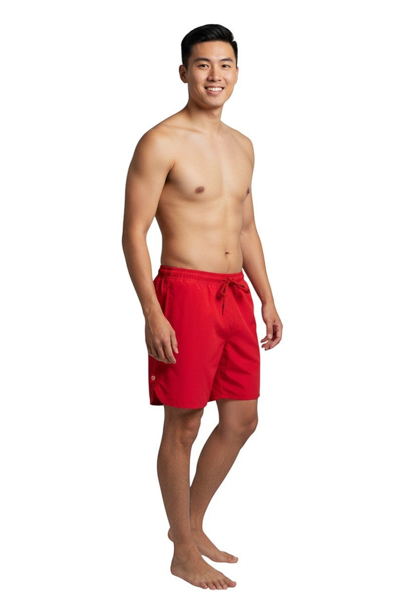 Kiefer Men's 5 inch Short in red, shown on model