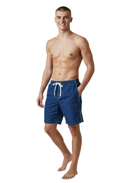 Navy blue polyester spandex boardshorts with white contrast stitching, drawstring waist, and side pocket.