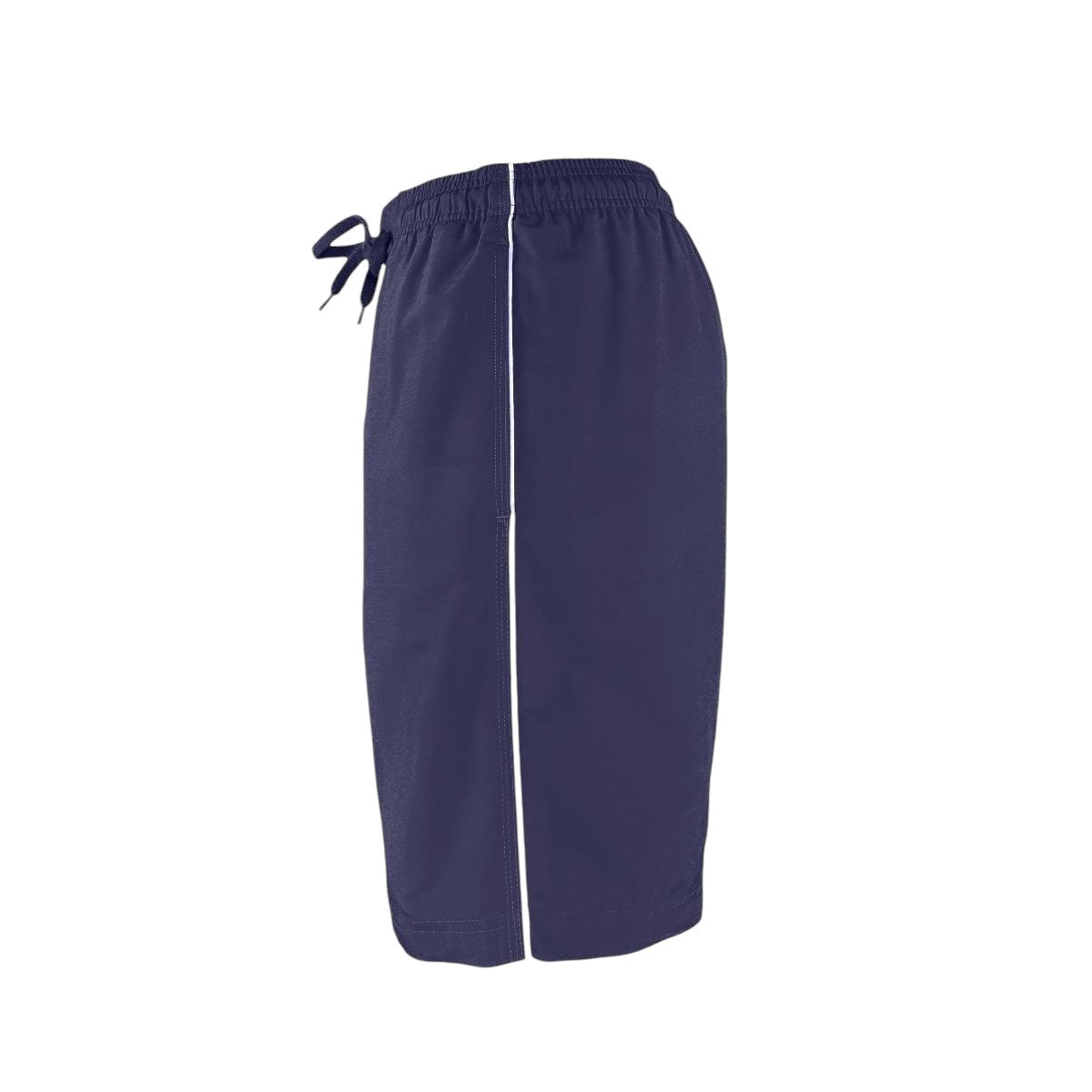 Kiefer Men's navy blue polyester board shorts with white piping and drawstring waist. 7" inseam.