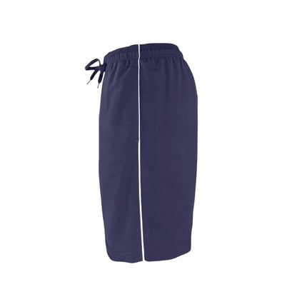 Kiefer Men's navy blue polyester board shorts with white piping and drawstring waist. 7" inseam.