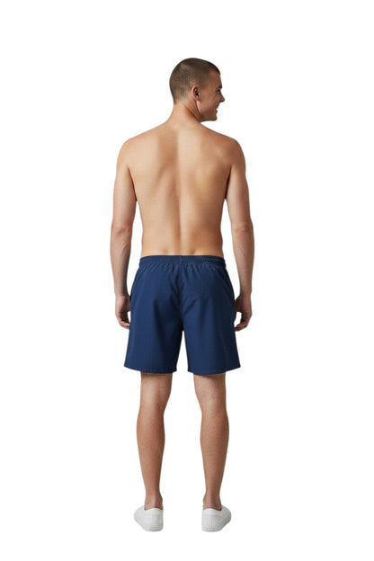 Navy blue polyester spandex boardshorts with contrast stitching and drawstring waist.