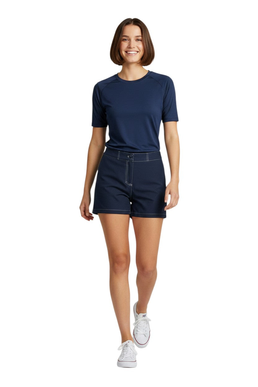 RISE Solid Female Flex Short in navy blue polyester-spandex with 5" inseam and white contrast stitching.