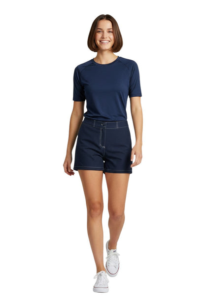 RISE Solid Female Flex Short in navy blue polyester-spandex with 5" inseam and white contrast stitching.
