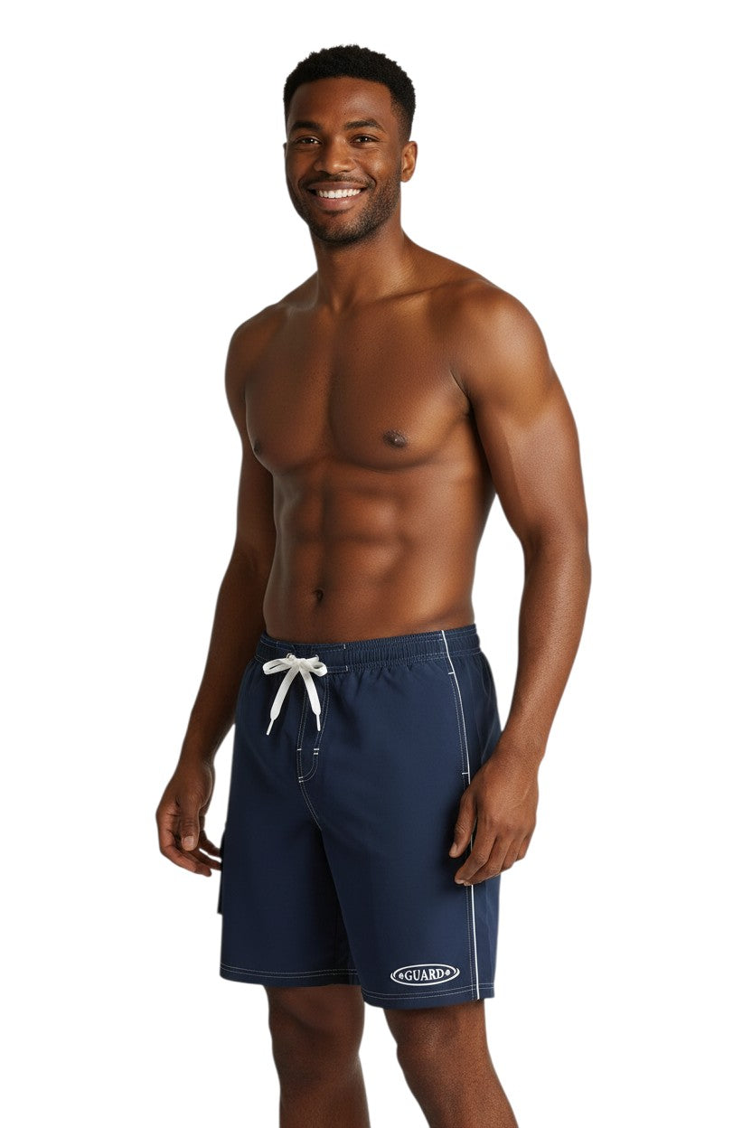 Navy blue polyester-spandex boardshorts with white drawstring, contrast piping, and GUARD logo.
