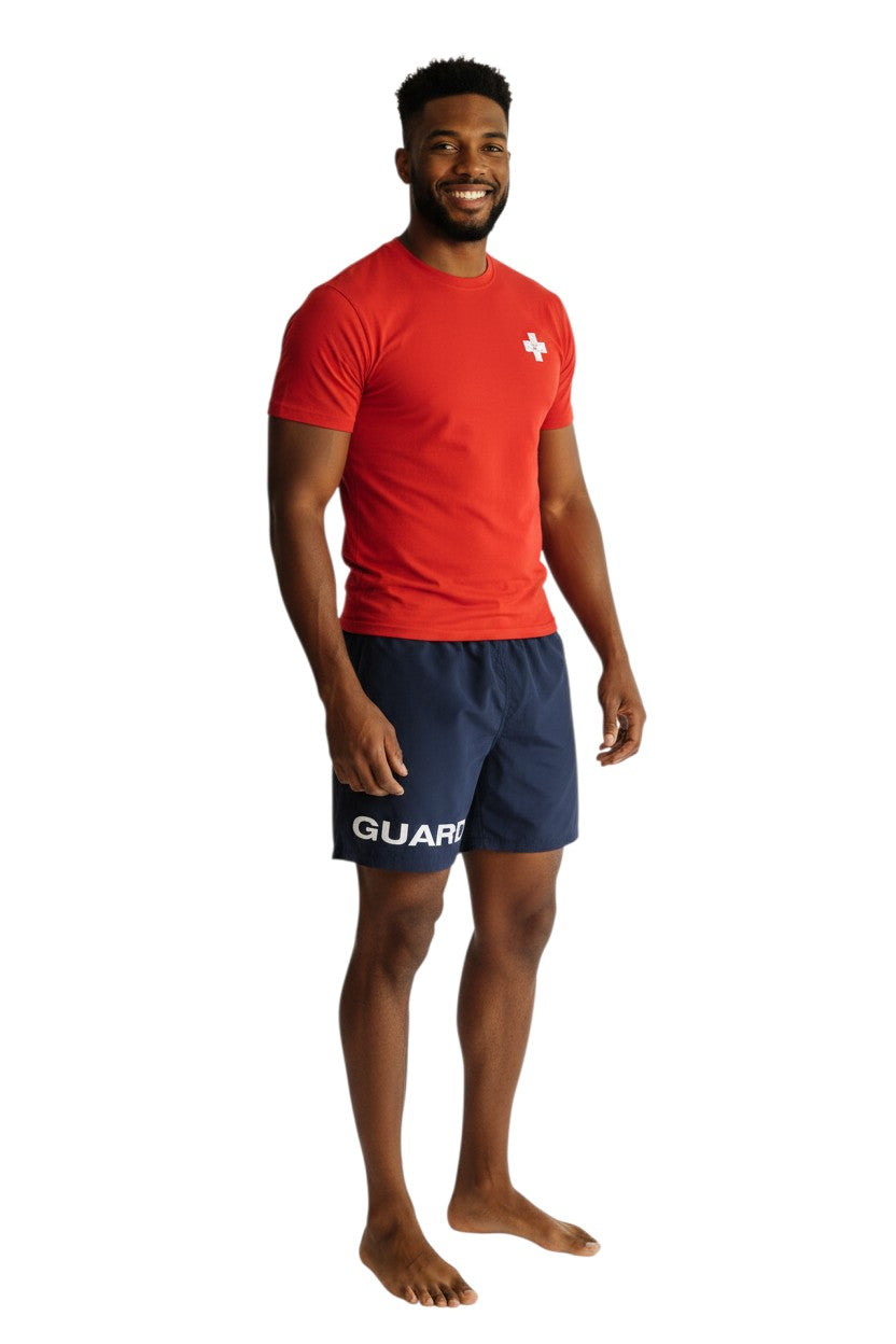 Kiefer 4-Way Stretch Unisex Lifeguard Deck Short in navy, shown on model