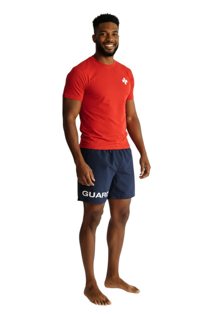 Kiefer 4-Way Stretch Unisex Lifeguard Deck Short in navy, shown on model