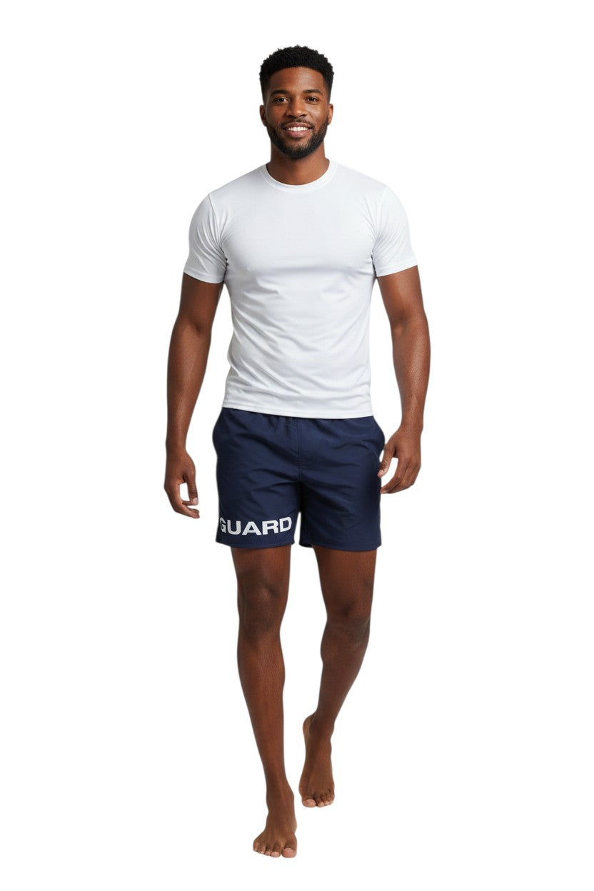 Kiefer 4-Way Stretch Unisex Lifeguard Deck Short in navy, shown on model