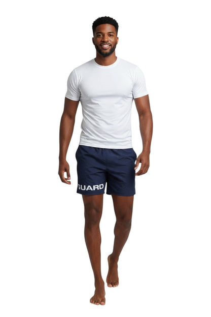 Kiefer 4-Way Stretch Unisex Lifeguard Deck Short in navy, shown on model
