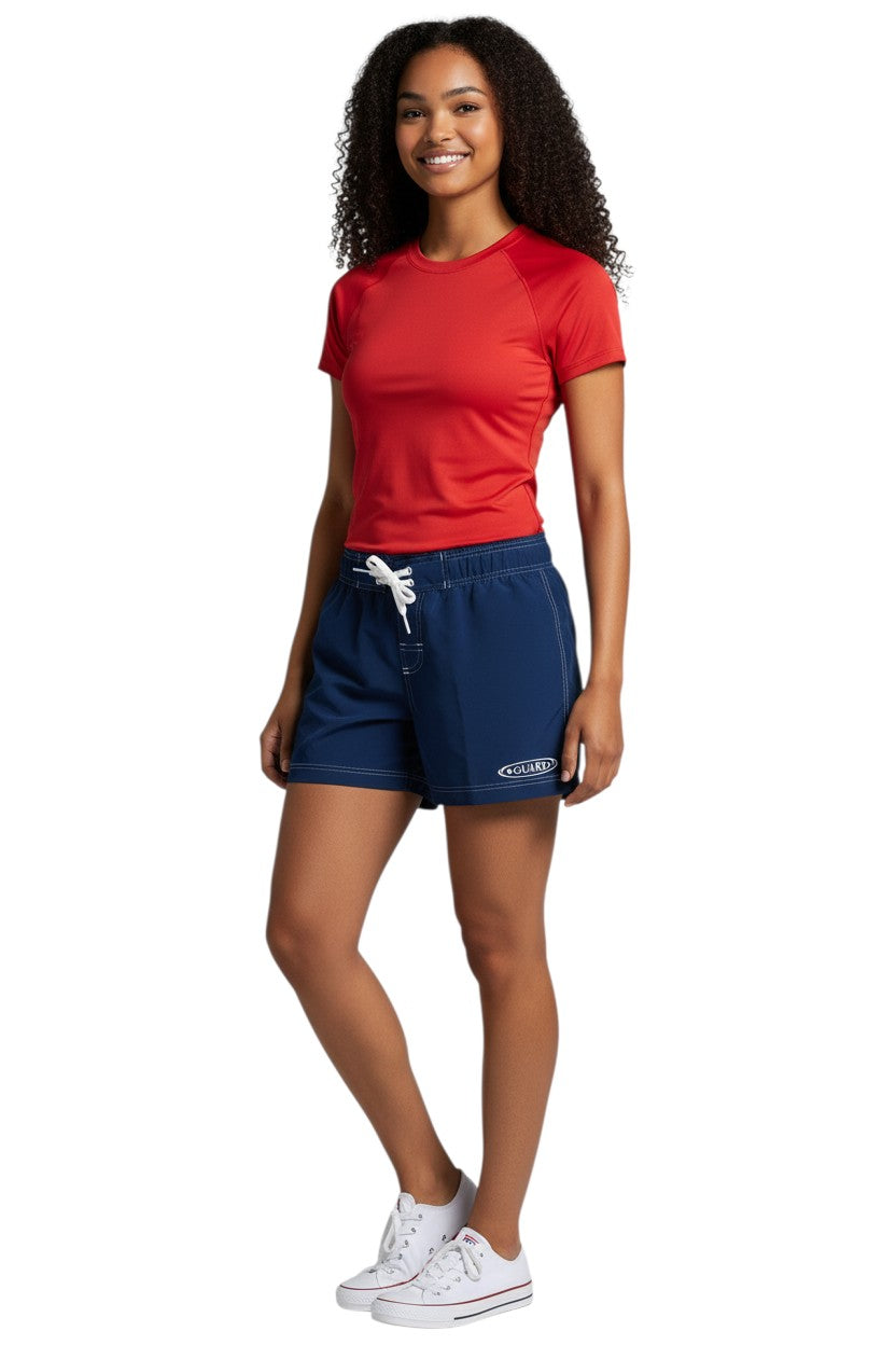 Kiefer navy blue polyester-spandex blend board shorts with white drawstring and contrast stitching. Features GUARD logo.