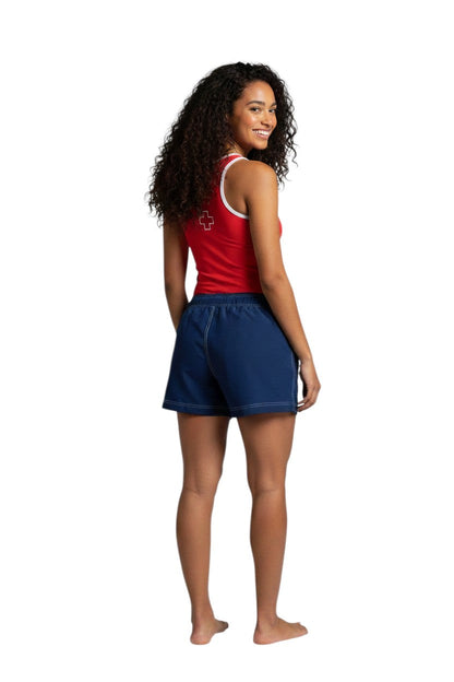 Kiefer navy blue polyester-spandex blend board shorts with white contrast stitching and a side pocket.