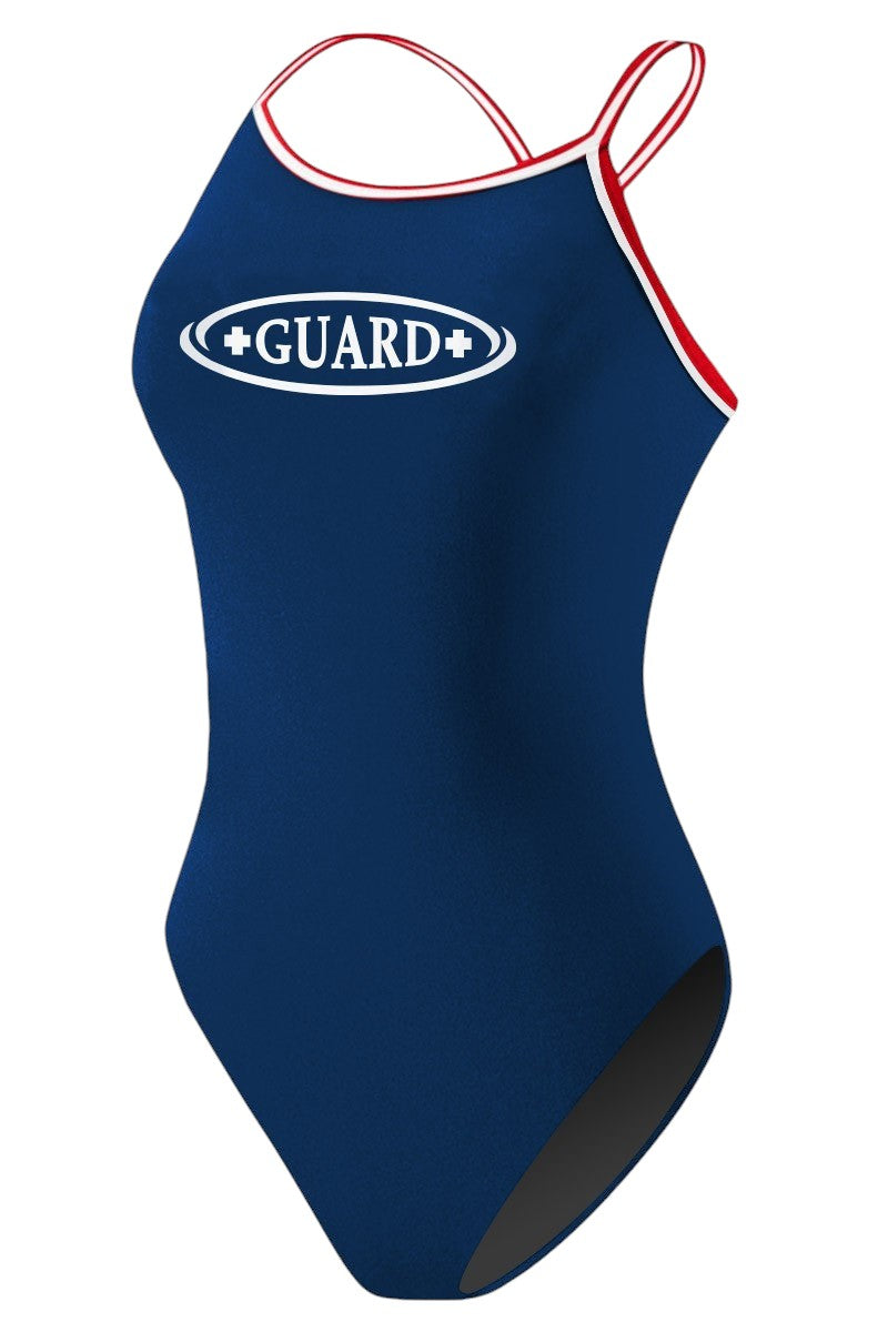 Kiefer navy blue one-piece swimsuit with white GUARD logo and red & white trim on straps.