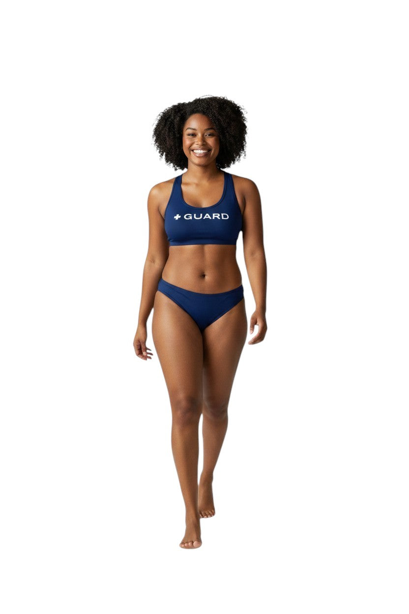 Kiefer Guard Racer Back Top in navy, shown on model