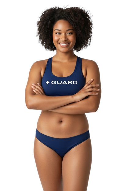 Kiefer Guard Racer Back Top in navy, shown on model