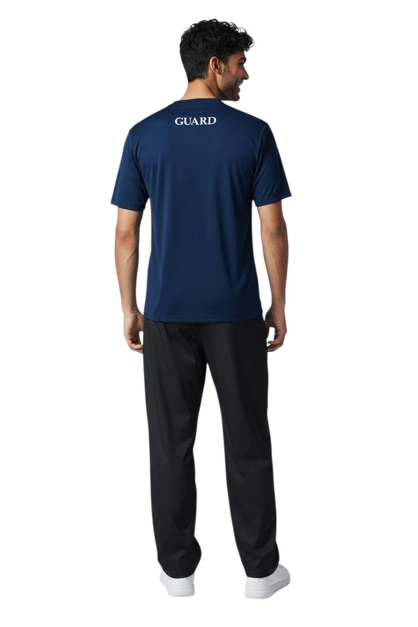RISE Guard Short Sleeve Crew Neck Rashguard in navy, shown on model