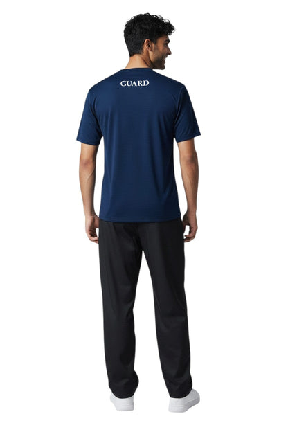 RISE Guard Short Sleeve Crew Neck Rashguard in navy, shown on model