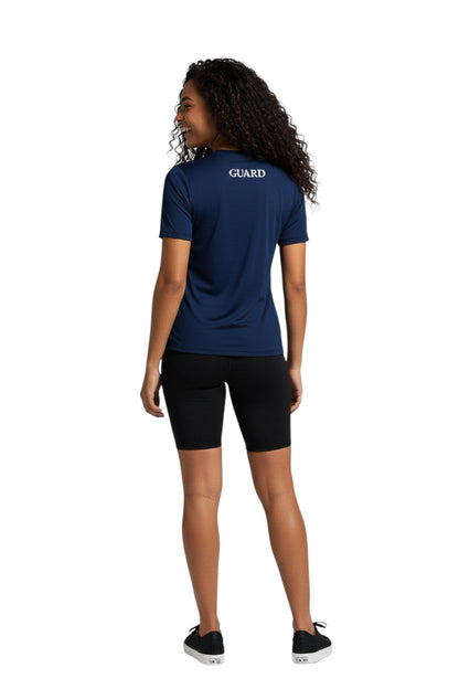 RISE Guard Short Sleeve Crew Neck Rashguard in navy, shown on model