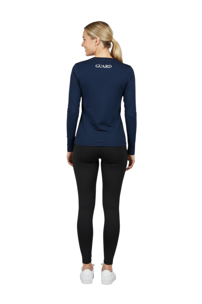 RISE Guard Long Sleeve Crew Neck Rashguard in navy, shown on model