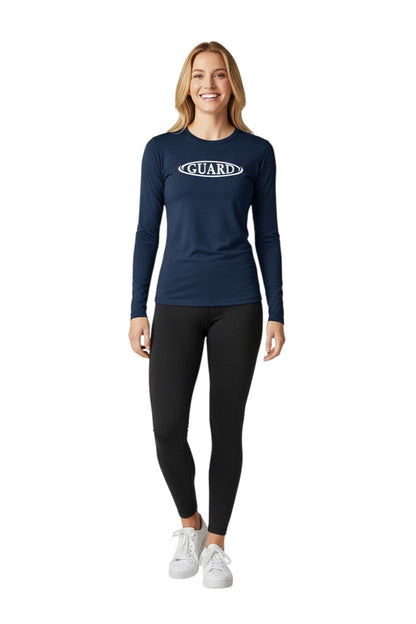 RISE Guard Long Sleeve Crew Neck Rashguard in navy, shown on model