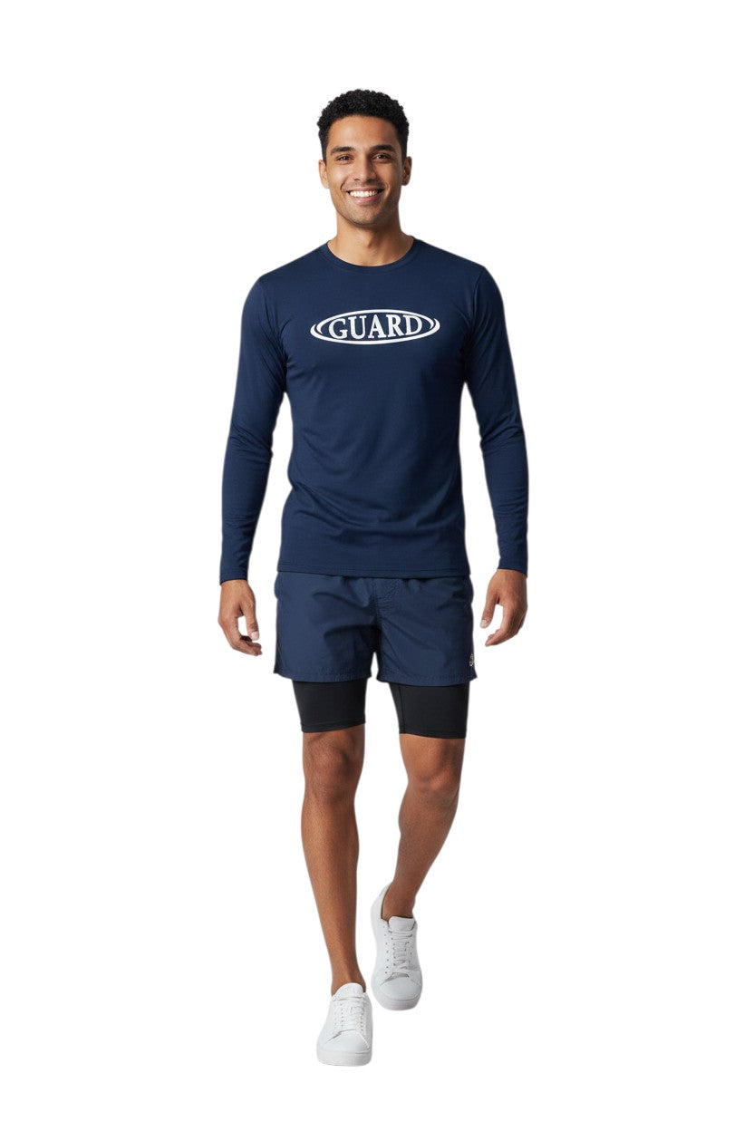 RISE Guard Long Sleeve Crew Neck Rashguard in navy, shown on model