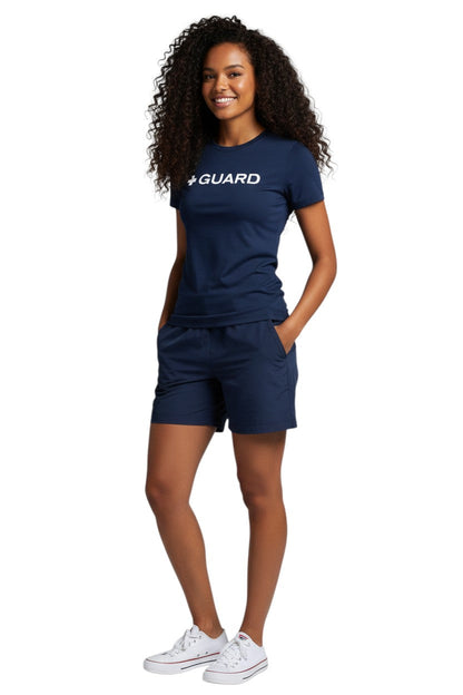 Kiefer Guard Short Sleeve Crewneck Rashguard in navy, shown on model